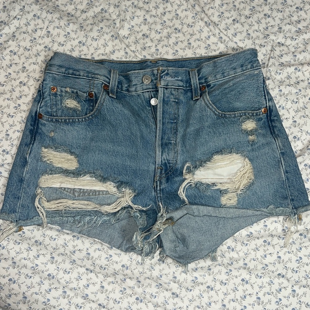 Levi's Blue Distressed Jean Shorts - Picture 1 of 5